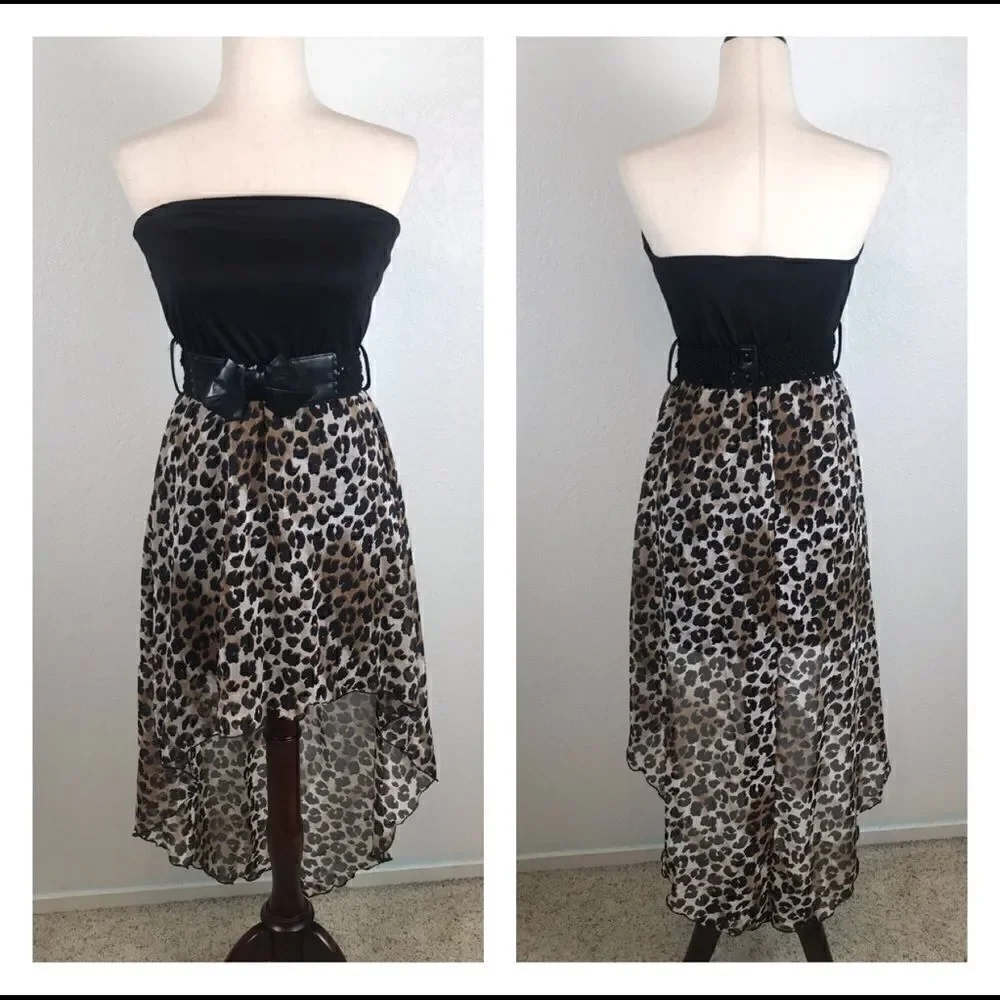 ‎Vintage Y2K strapless bow embellished belted Hi/low leopard print mini dress